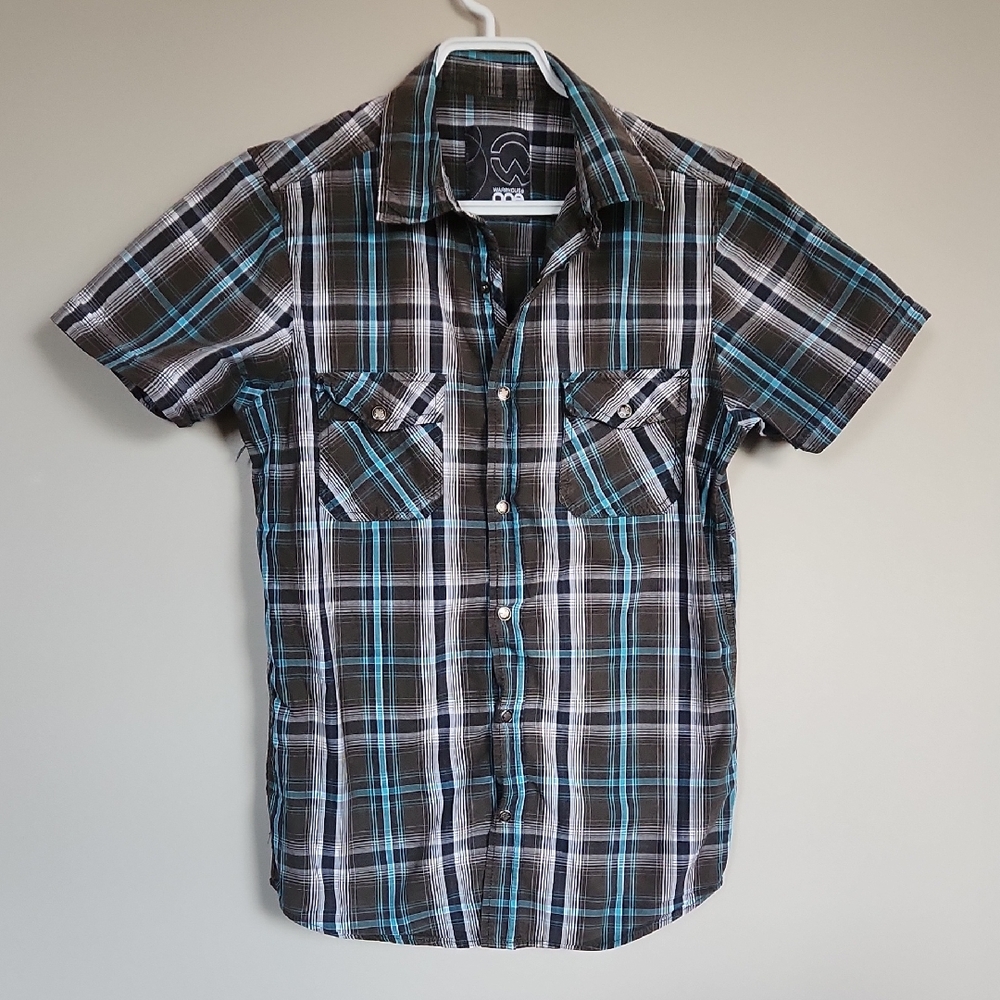 Warehouse Men's / Teen Casual Plaid Shirt - Black, Blue, and White Size Small